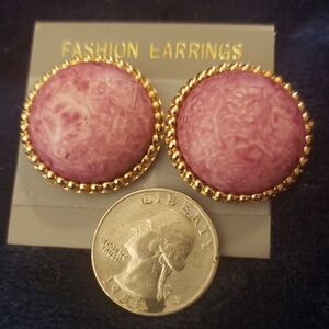 Pink Round Statement Earrings with Gold Trim.